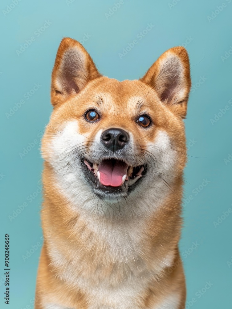 A brown and white dog with a pink tongue is smiling and looking at the camera A brown and white dog with a pink tongue is smiling and looking at the camera