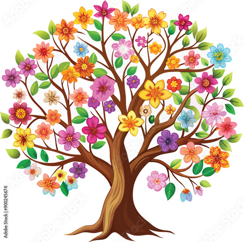Floral spring stock vector nice tree and leave with colorful flower white background