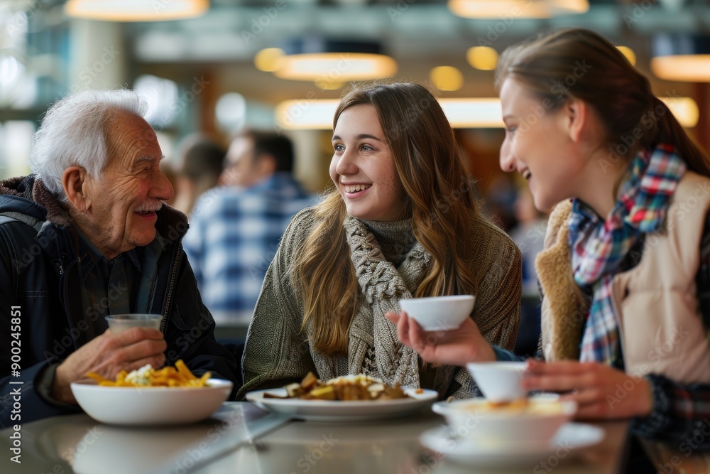 Family Bonding over Lunch: Student and Parents Enjoying a Meal Together in College Cafeteria Family Bonding over Lunch: Student and Parents Enjoying a Meal Together in College Cafeteria
