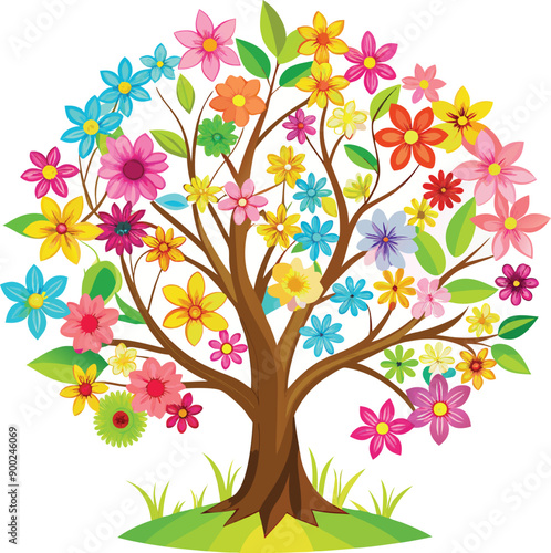 Floral spring stock vector nice tree and leave with colorful flower white background