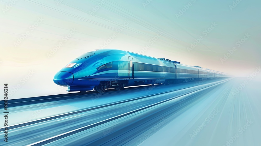 Naklejka premium High-speed train, blue with light blue accents, moving fast in the background of light blue and gray gradient background, 3D rendering