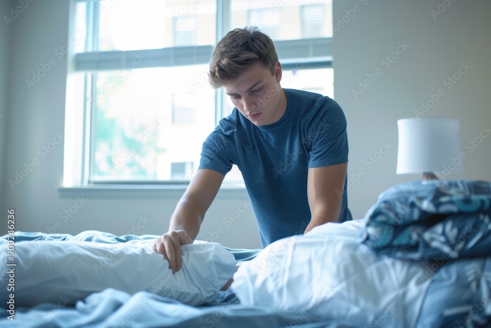 College Student Arranging New Sheets and Pillows on Dorm Bed - Realistic Lifestyle Photo College Student Arranging New Sheets and Pillows on Dorm Bed - Realistic Lifestyle Photo
