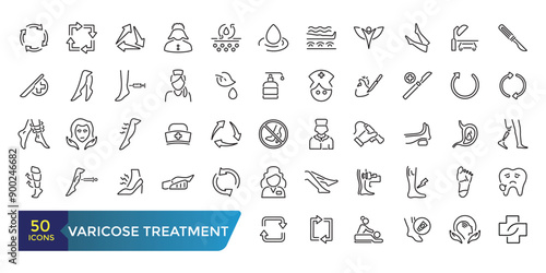 Varicose treatment icons set. Leg veins thrombosis disease and surgery vector symbols. Collection and pack of linear web and ui icons. Editable stroke. Vector illustration.