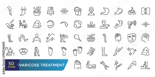 Varicose treatment icons set. Leg veins thrombosis disease and surgery vector symbols. Collection and pack of linear web and ui icons. Editable stroke. Vector illustration.
