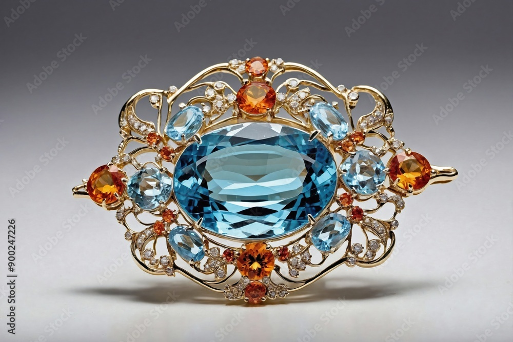 Topaz Brooch on White Background: An intricately designed topaz brooch laid flat on a plain white background. Topaz Brooch on White Background: An intricately designed topaz brooch laid flat on a plain white background.