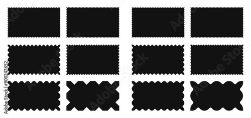 Rectangular frames with wavy corners. Set of blank coupon borders, labels, stamps for letters and envelopes in black colors on  white background.