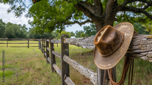 Cowboy hat and lasso rope on wooden fence of ranch photo