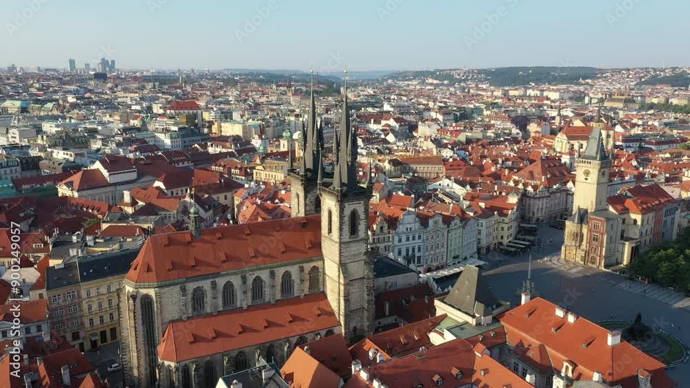 Aerial view of the historic city center of Prague, Czech Republic, churches, cathedrals, squares and neighborhoods in the morning on a clear sunny summer day - Old Town Square Aerial view of the historic city center of Prague, Czech Republic, churches, cathedrals, squares and neighborhoods in the morning on a clear sunny summer day - Old Town Square