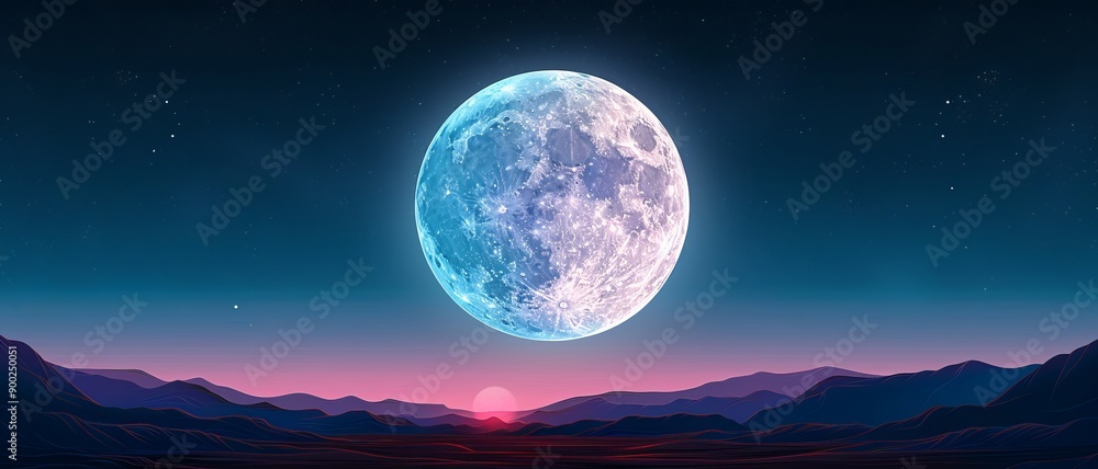 A breathtaking digital illustration of a luminous moon over a serene landscape at dusk, with vibrant colors and tranquil atmosphere. A breathtaking digital illustration of a luminous moon over a serene landscape at dusk, with vibrant colors and tranquil atmosphere.