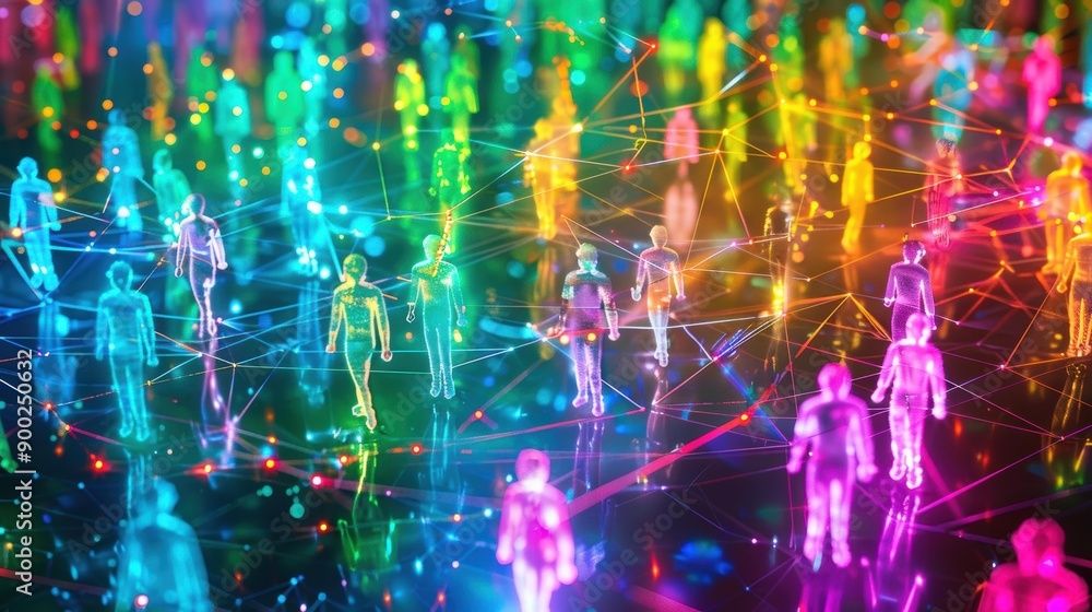 Neon Silhouettes of People Connected by a Web of Light Neon Silhouettes of People Connected by a Web of Light