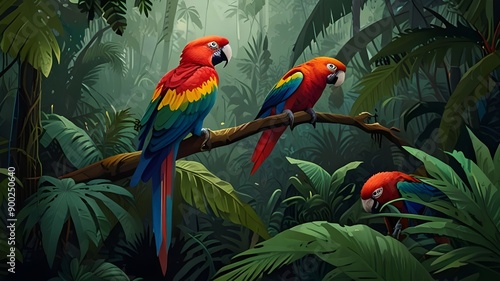 Wallpaper Mural Illustration of a tropical rainforest with parrots. Generative AI. Generative AI Torontodigital.ca