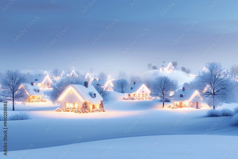 A serene winter landscape with snow-covered houses glowing under a twilight sky, creating a peaceful holiday atmosphere. A serene winter landscape with snow-covered houses glowing under a twilight sky, creating a peaceful holiday atmosphere.