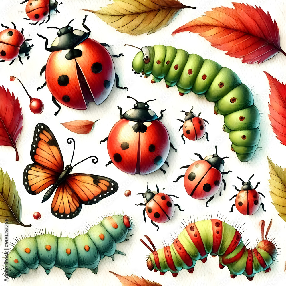 Autumn insects like ladybugs and caterpillars in the watercolor style. Autumn insects like ladybugs and caterpillars in the watercolor style.