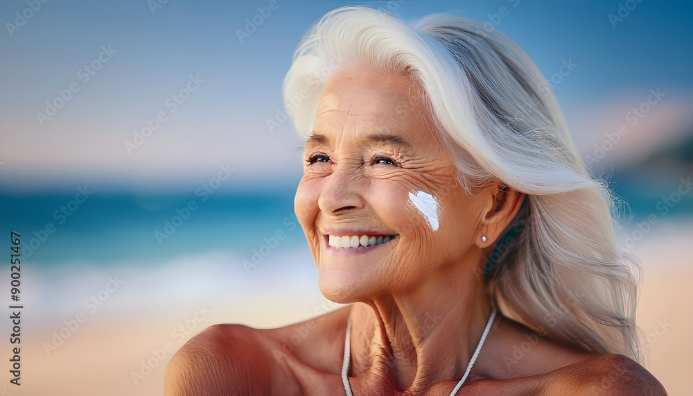 senior woman smiling while standing on a tropical beach with sunscreen on face senior woman smiling while standing on a tropical beach with sunscreen on face
