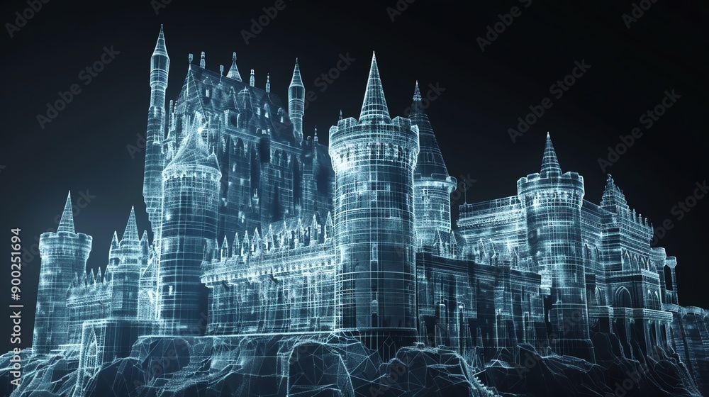 Fototapeta premium A stunning digital rendering of a castle in wireframe, showcasing intricate architecture and futuristic design elements.