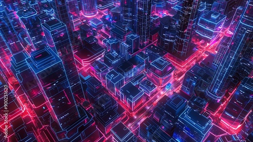 A stunning aerial view of a futuristic cityscape illuminated by vibrant neon lights in pink and blue, showcasing modern architecture.