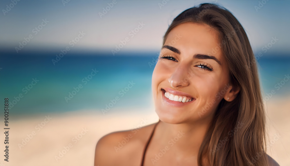 young woman smiling while standing on a tropical beach with sunscreen on face young woman smiling while standing on a tropical beach with sunscreen on face
