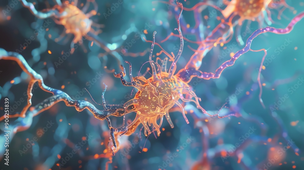 A vibrant and detailed depiction of neurons in a scientific exploration of the nervous system and cellular communication. A vibrant and detailed depiction of neurons in a scientific exploration of the nervous system and cellular communication.
