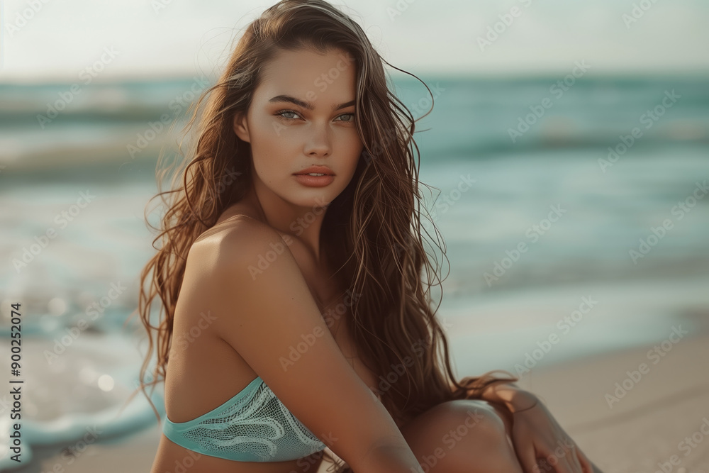 A serene moment by the ocean with a beautiful woman in chic swimwear A serene moment by the ocean with a beautiful woman in chic swimwear