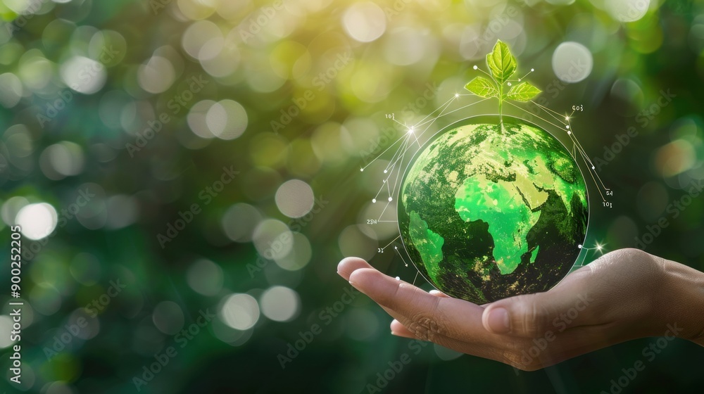 A hand holds a green globe with a sprout growing from it representing a digital network connecting the world A hand holds a green globe with a sprout growing from it representing a digital network connecting the world
