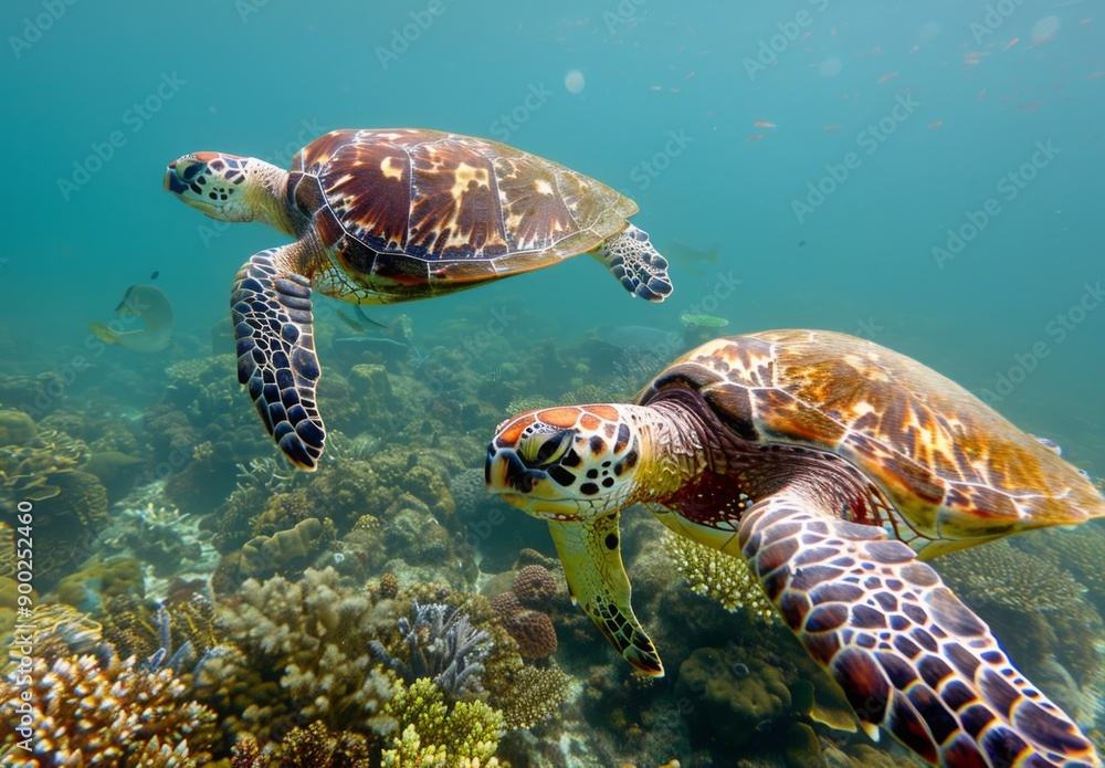 Obraz premium A pair of sea turtles swimming over a coral reef that is showing signs of distress due to acidified ocean conditions