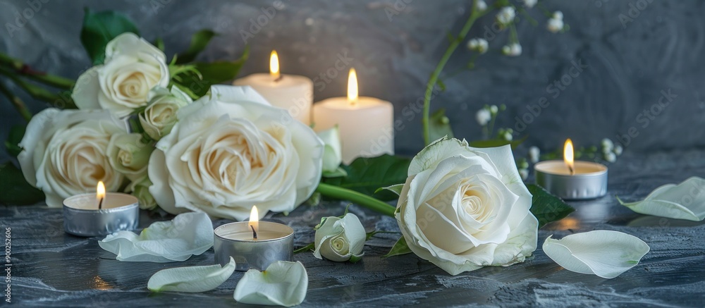 A still life of white roses and burning candles on a dark background A still life of white roses and burning candles on a dark background