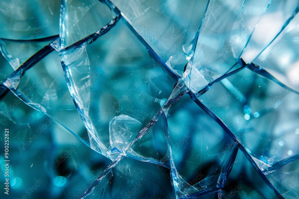 A closeup image of fractured blue glass revealing its intricate texture and sharp edges A closeup image of fractured blue glass revealing its intricate texture and sharp edges