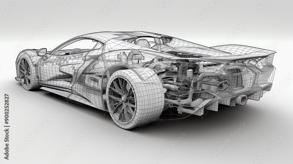 Naklejka premium Detailed wireframe model of a modern sports car, showcasing intricate design and engineering features in 3D perspective.