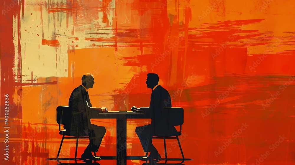 Digital illustration depicting a business meeting with two men seated at a table, silhouetted against a vibrant orange and red abstract background. Digital illustration depicting a business meeting with two men seated at a table, silhouetted against a vibrant orange and red abstract background.