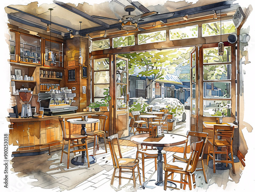 sketch of cafe with a rustic charm, featuring a wooden counter, barista equipment, and a window adorned with green plants. photo