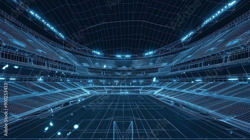 Futuristic sports stadium with a digital blueprint design, showcasing an innovative and high-tech environment for various events.
