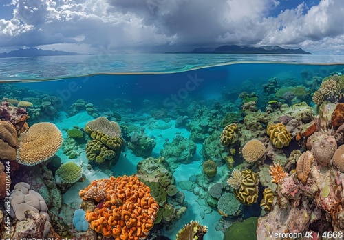 A panoramic view of a coral reef ecosystem, highlighting areas of bleaching and decay alongside still thriving sections photo