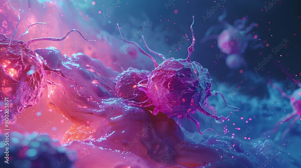Vibrant depiction of cells in a colorful, abstract environment showcasing cellular activity and intricate details. Vibrant depiction of cells in a colorful, abstract environment showcasing cellular activity and intricate details.