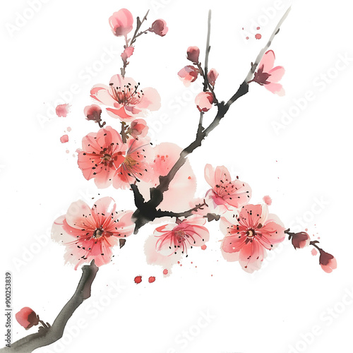 美しい赤い色の梅の花　水彩画　素材　generated by AI