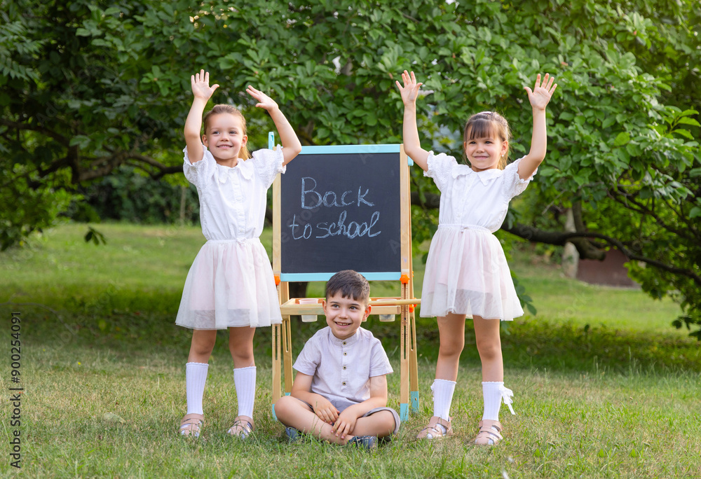 Fototapeta premium boy and girls in park with blackboard and chalk inscription back to school or abc.child playing in teacher and students.sitting on grass children.going to lessons preschoolers,walking on road.autumn