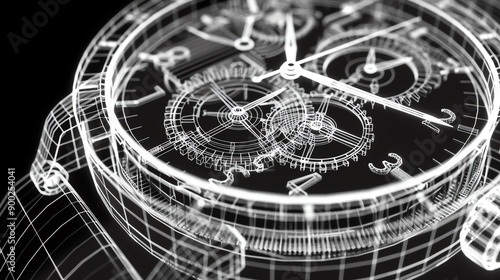 Wireframe model of a luxury watch showcasing intricate details and craftsmanship, ideal for design and technology enthusiasts.