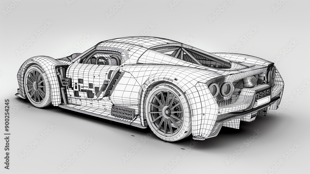 Fototapeta premium A detailed wireframe model of a modern sports car, showcasing its intricate design and structure in a sleek monochrome finish.