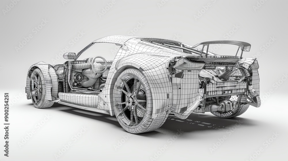 Fototapeta premium A detailed wireframe model of a modern sports car showcasing intricate design and engineering.