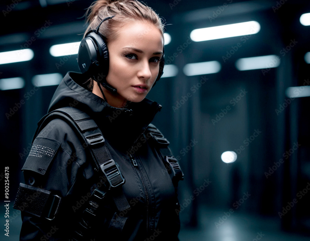 Naklejka premium Female operative in tactical gear at futuristic training facility