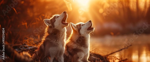 Couple cute dogs howl raising their muzzles up. Beautiful Siberian husky howling lying on shingle river bank in orange rays setting sun. Summer natural landscape with singing dogs. photo