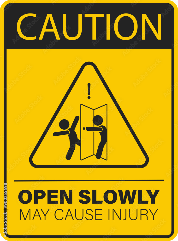 Isolated yellow caution safety sign to open door slowly, may cause injury sign Isolated yellow caution safety sign to open door slowly, may cause injury sign