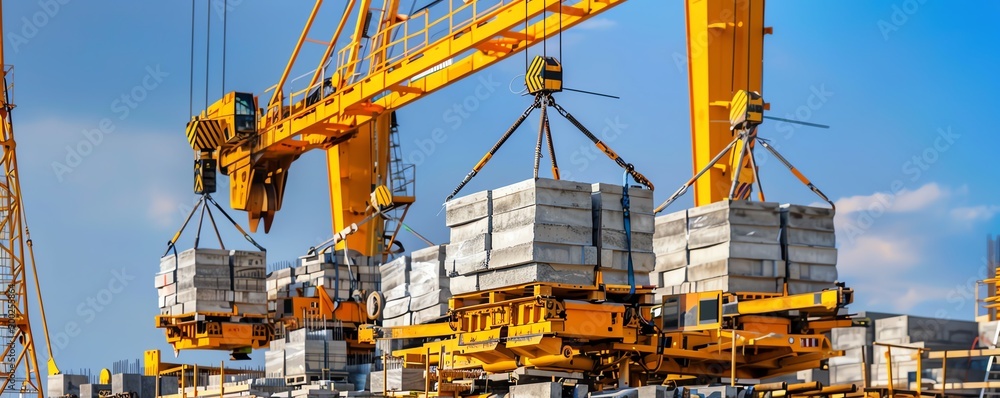 Cement blocks being transported by crane, heavy machinery, construction site Cement blocks being transported by crane, heavy machinery, construction site