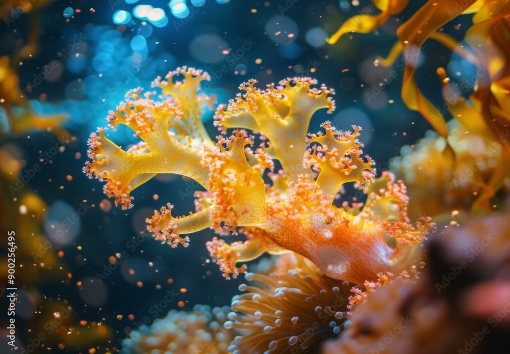 Fototapeta premium A close up of a delicate coral structure dissolving under the effects of acidified ocean water, with marine organisms trying to adapt