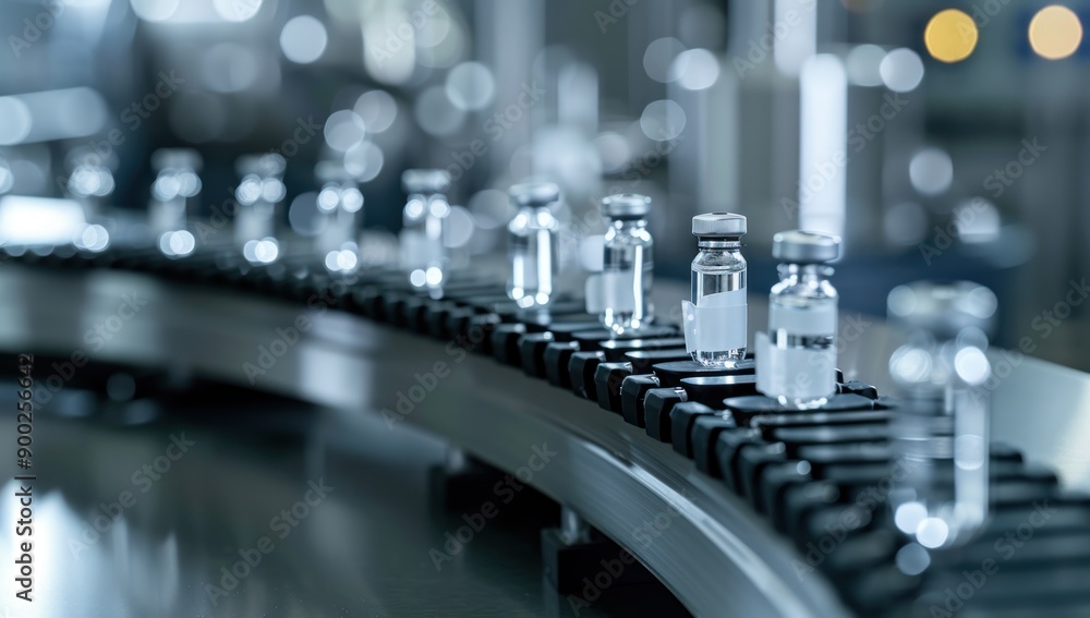 Vials on a Conveyor Belt in a Sterile Factory Environment Vials on a Conveyor Belt in a Sterile Factory Environment