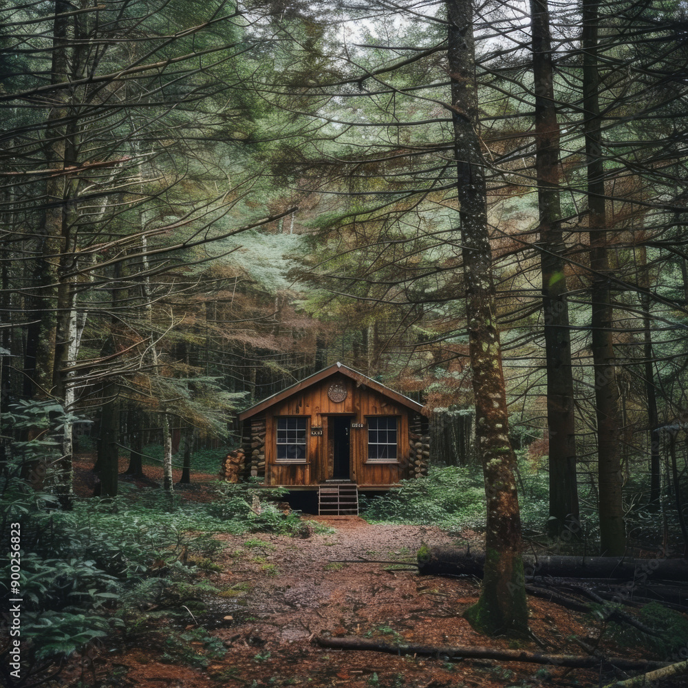 Cozy wooden cabin in a dense forest Cozy wooden cabin in a dense forest
