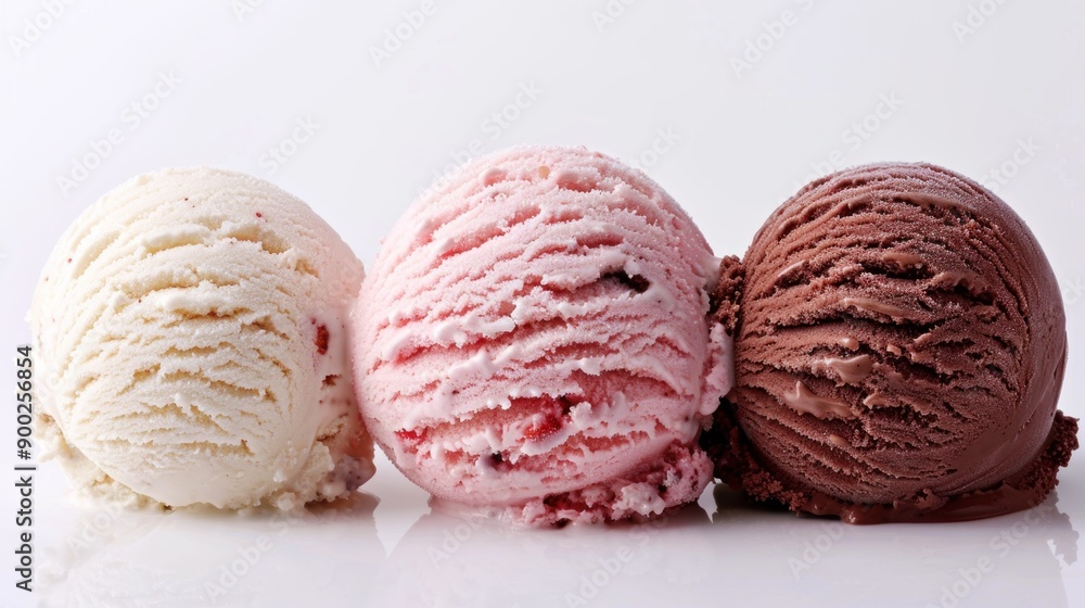Three scoops of ice cream vanilla strawberry and chocolate resting on a white surface Three scoops of ice cream vanilla strawberry and chocolate resting on a white surface