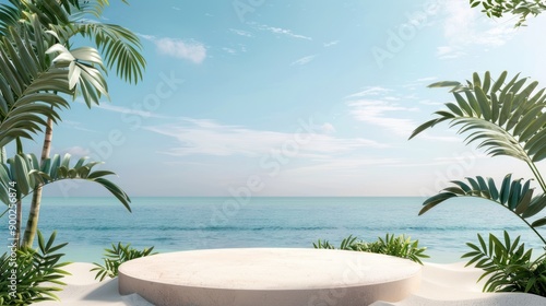 A Circular Platform on a Sandy Beach with Palm Trees and the Ocean in the Background © Penatic Studio