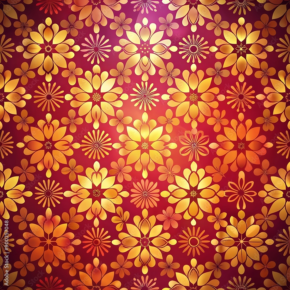 Abstract Floral Pattern with Golden Flowers on Red Background. Abstract Floral Pattern with Golden Flowers on Red Background.