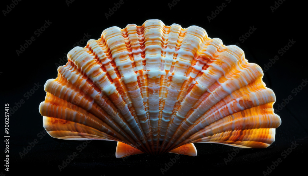 Obraz premium Striped Scallop Shell on a Black Background