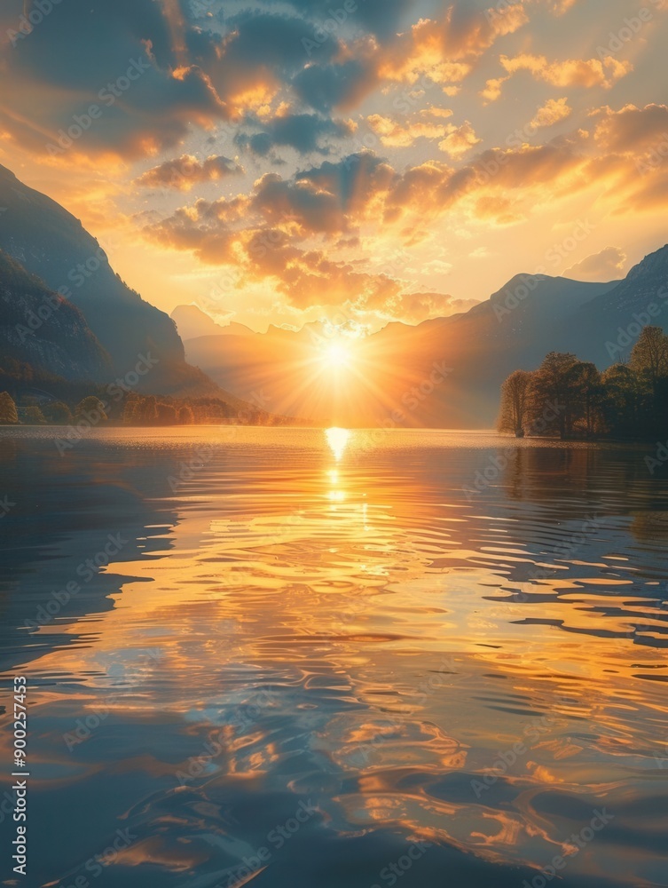 Beautiful sunrise over a tranquil lake, golden light spreading across the sky Lowangle shot, capturing the reflection of the serene morning light on the water Beautiful sunrise over a tranquil lake, golden light spreading across the sky Lowangle shot, capturing the reflection of the serene morning light on the water